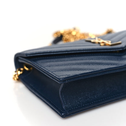 Saint Laurent Grain De Poudre Matelasse Chevron Monogram Envelope Chain Wallet Navy 7 of 8