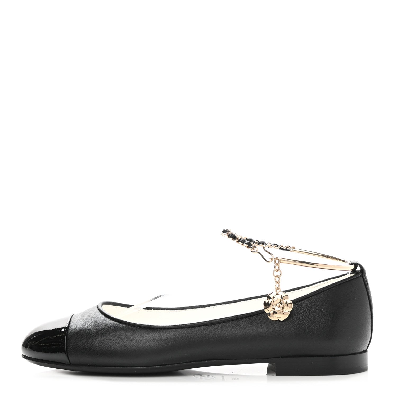 Chanel Lambskin Patent Calfskin Cap Toe Ankle Chain Ballerina Flats 36 Black 1 of 8