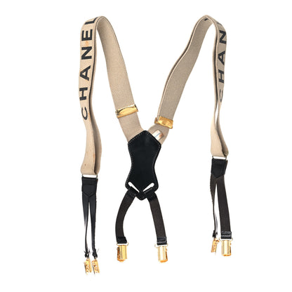 Chanel Elastic Logo Suspenders Beige Black 1 of 12