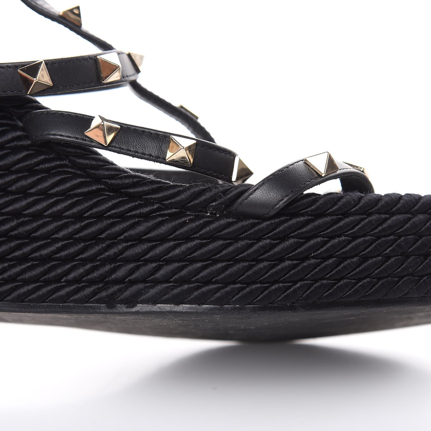 Calfskin Rockstud Ankle Strap Torchon Espadrille Caged 25/95mm Wedge Sandals 41 Black