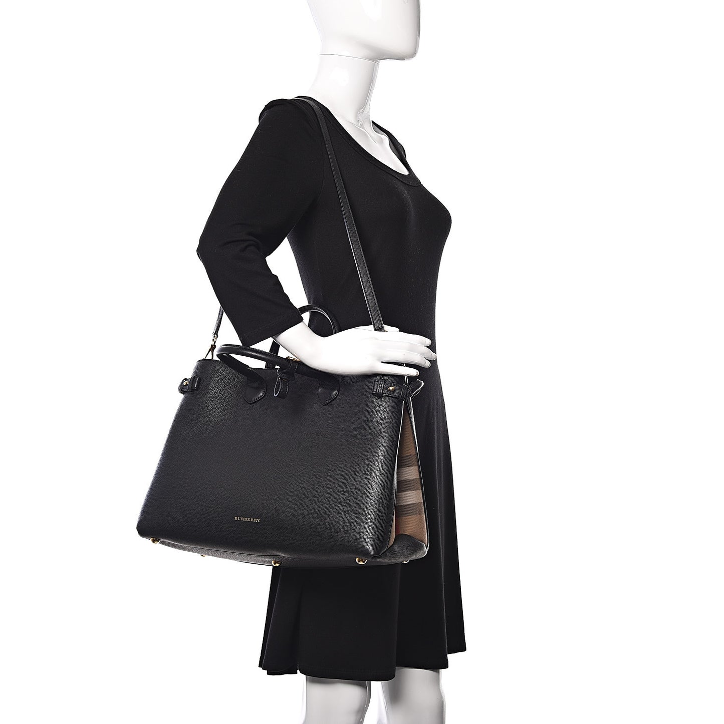 Grainy Calfskin House Check Large Banner Tote Black