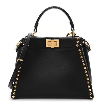 Fendi Vitello Seta Shiny Nappa Scalloped Studded Mini Peekaboo Iconic Satchel Black 1 of 9