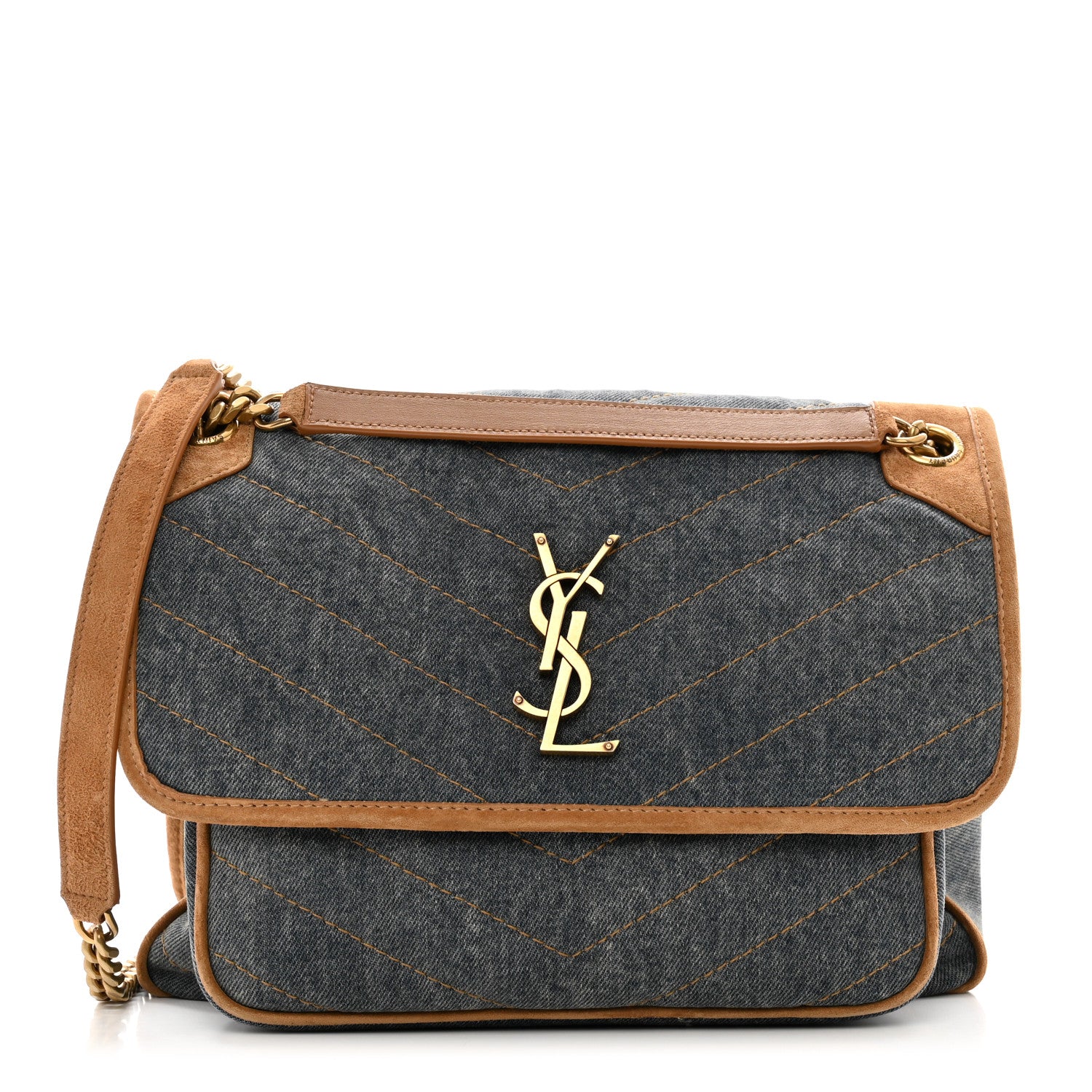 Saint Laurent Denim Suede Monogram Medium Niki Chain Satchel Blue Cinnamon 1 of 10
