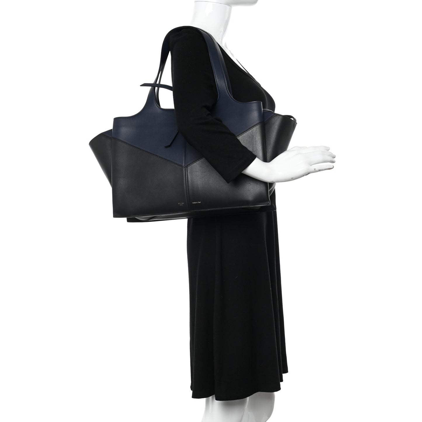 Smooth Calfskin Bi-Color Medium Tri-Fold Bag Black Dark Sea
