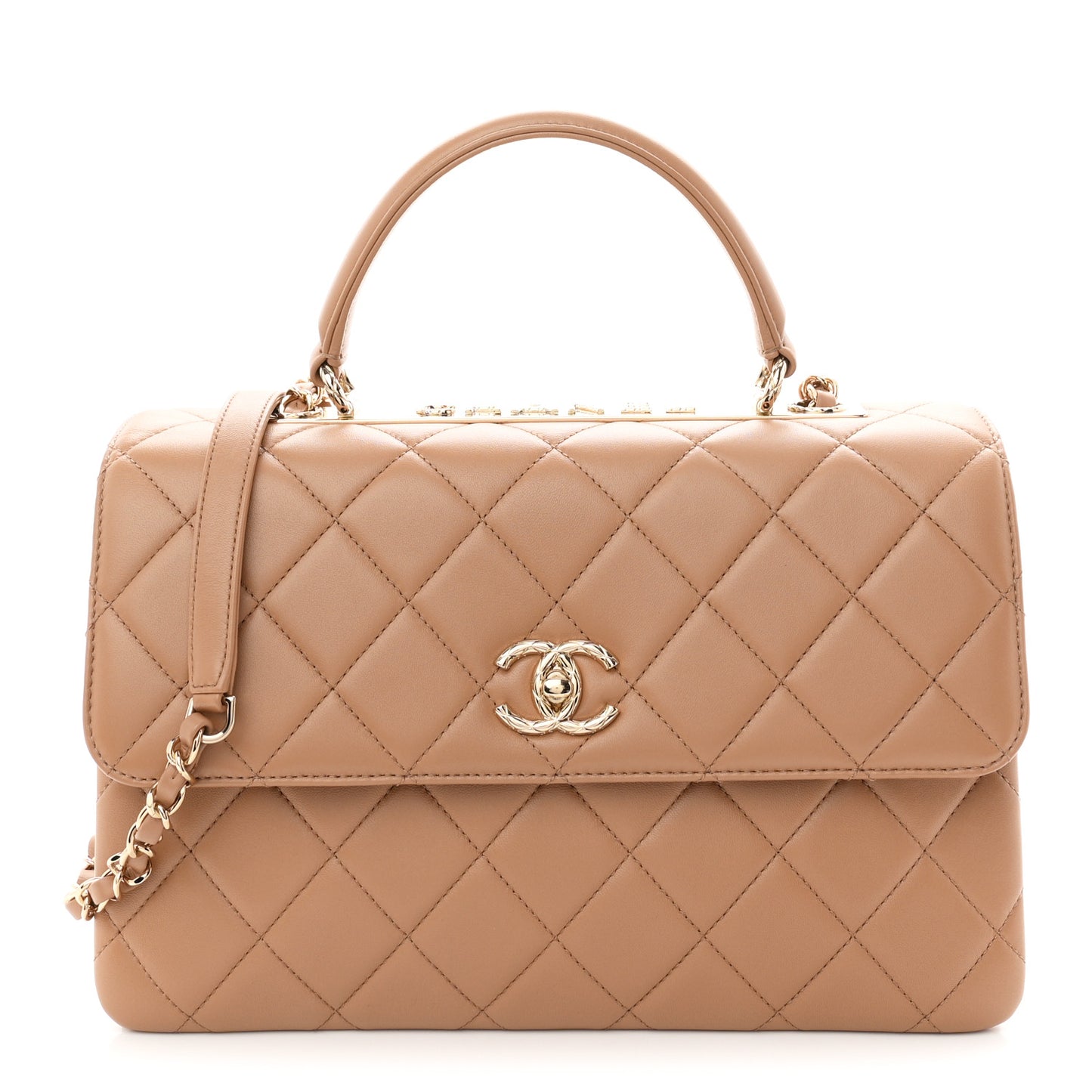 Lambskin Quilted Medium Trendy CC Flap Dual Handle Bag Camel