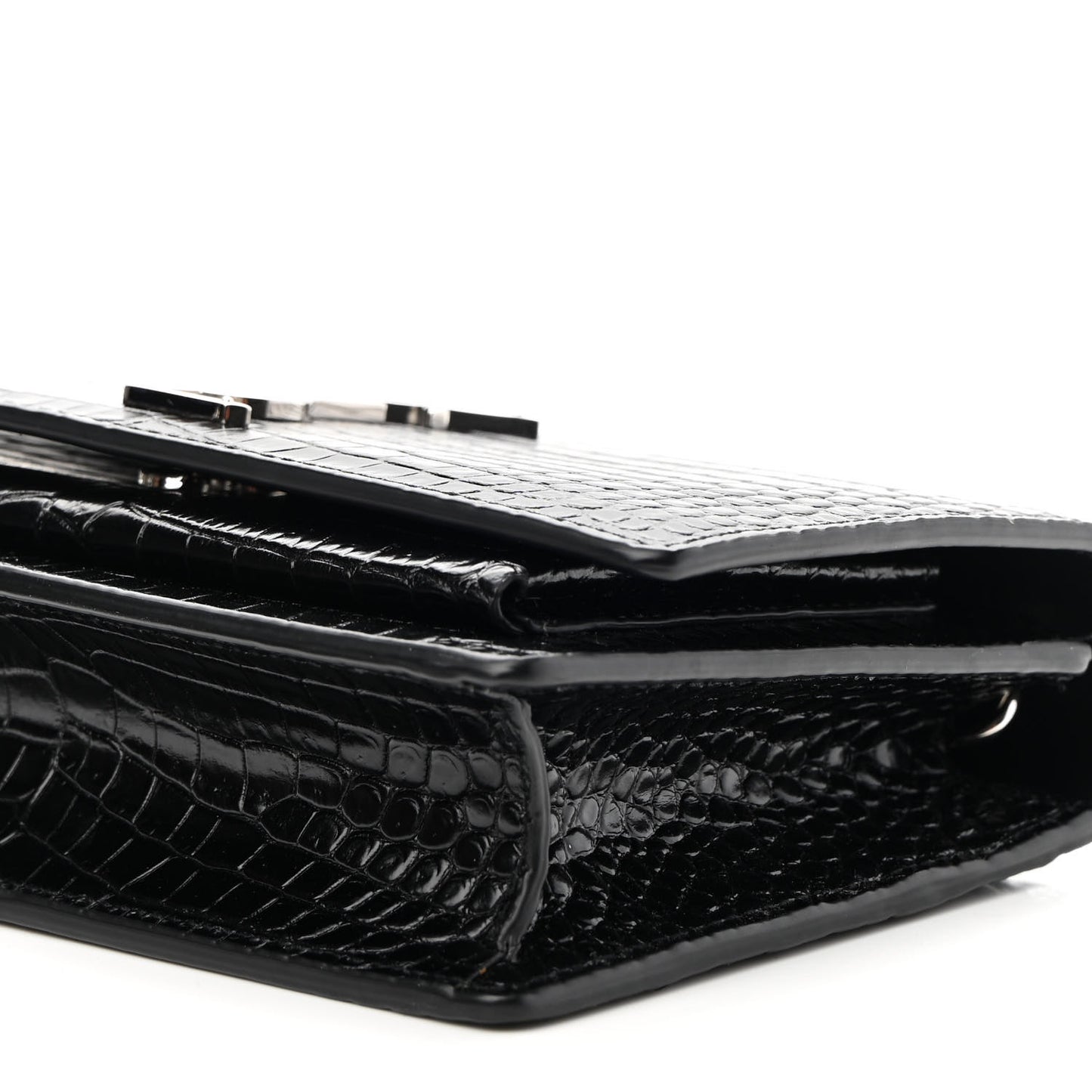 Calfskin Crocodile Embossed Monogram Sunset Top Handle Chain Wallet Black
