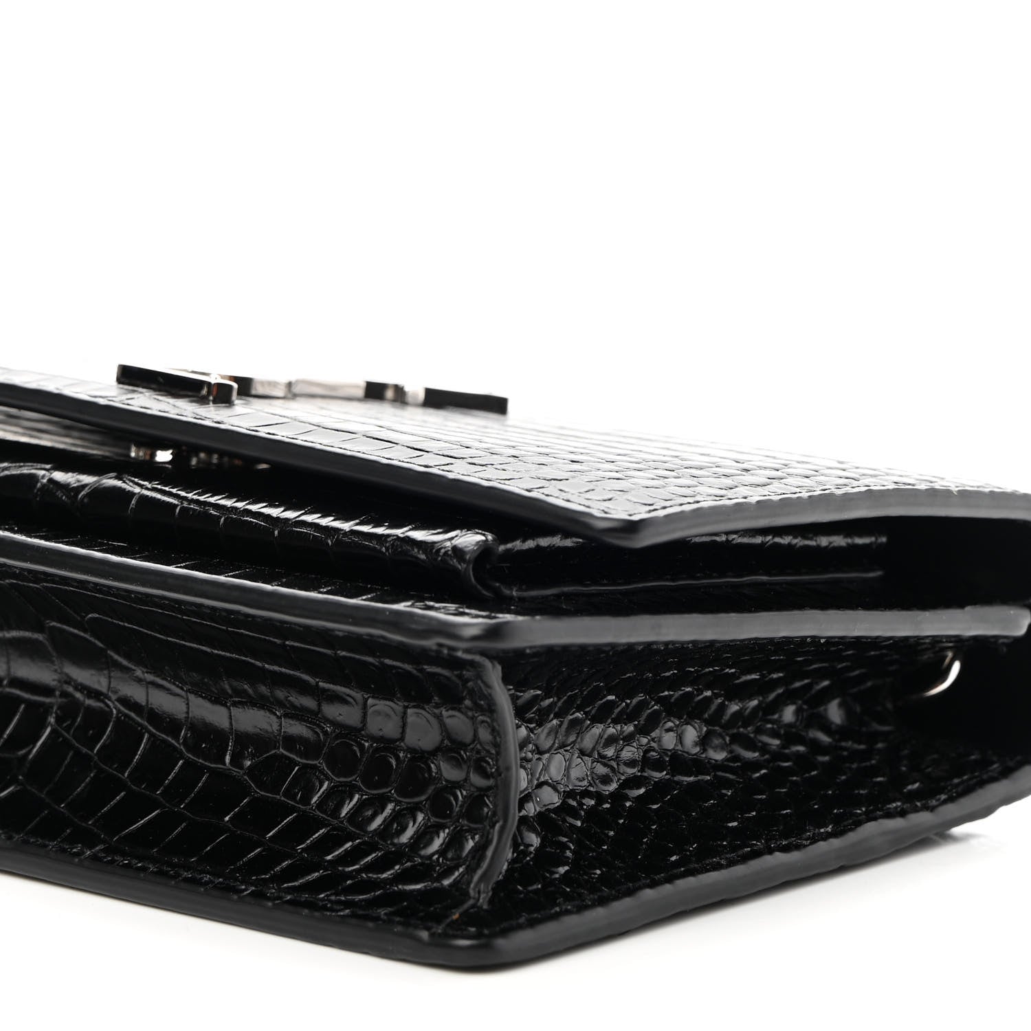 Saint Laurent Calfskin Crocodile Embossed Monogram Sunset Top Handle Chain Wallet Black 8 of 8