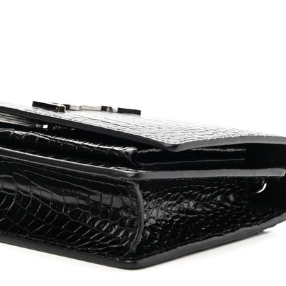 Saint Laurent Calfskin Crocodile Embossed Monogram Sunset Top Handle Chain Wallet Black 8 of 8