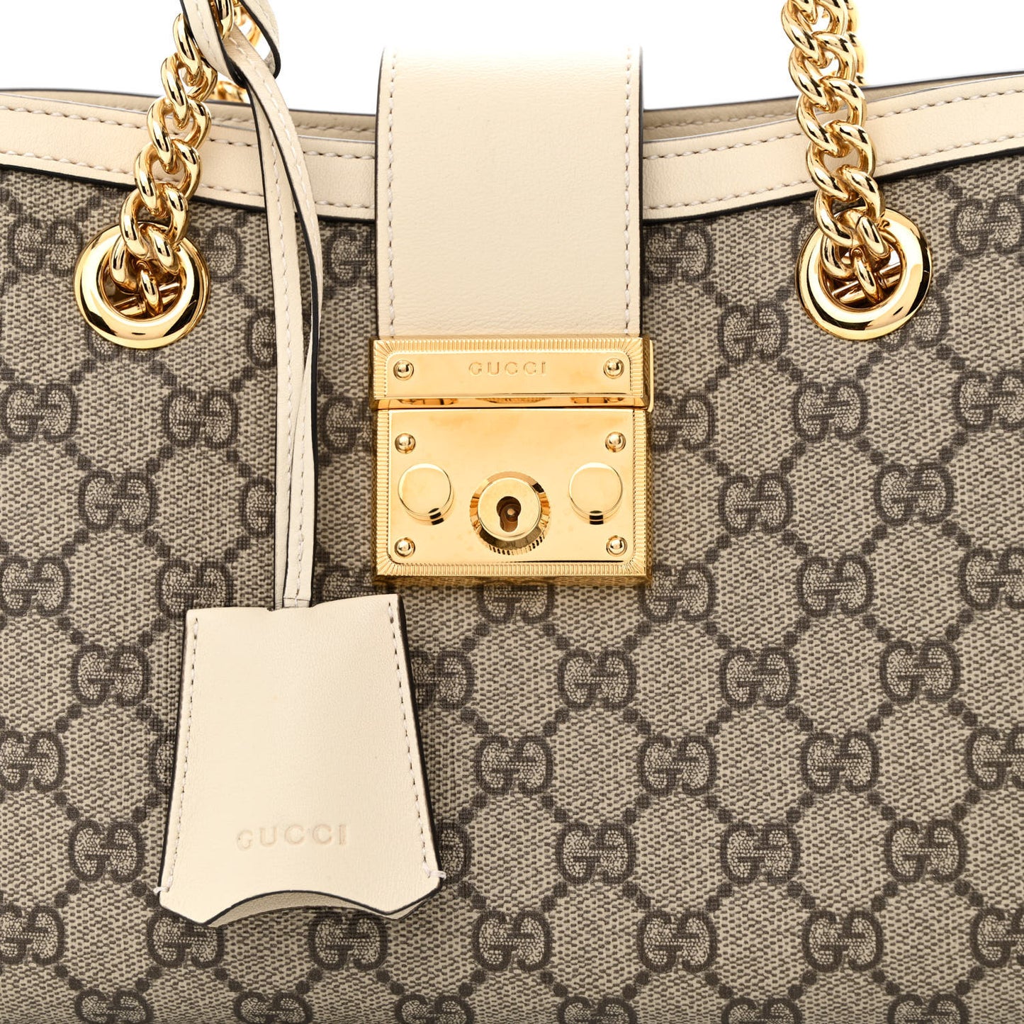 GG Supreme Monogram Moon Calfskin Small Padlock Tote Beige Ebony Mystic White