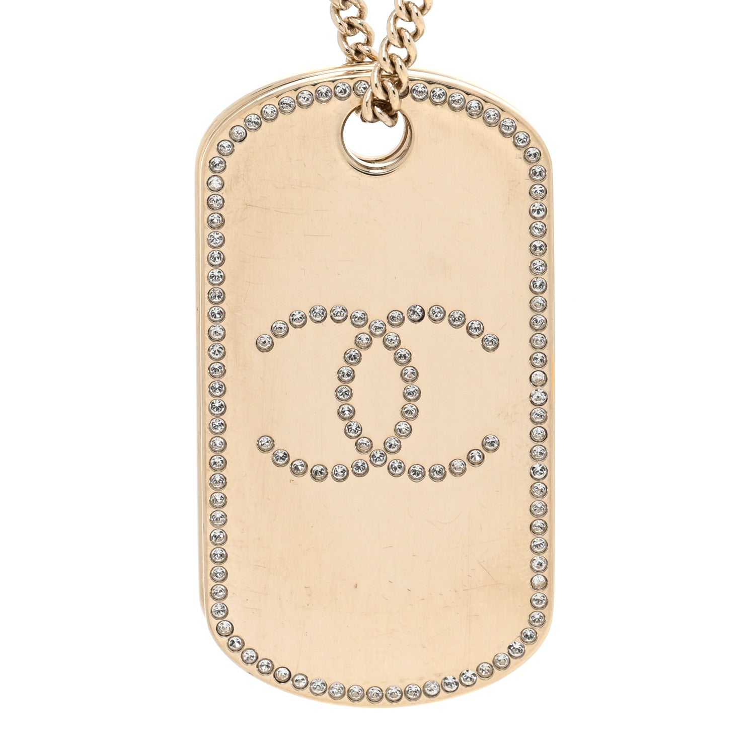 Chanel Metal Crystal Dog Tag Charm Necklace Gold 4 of 6