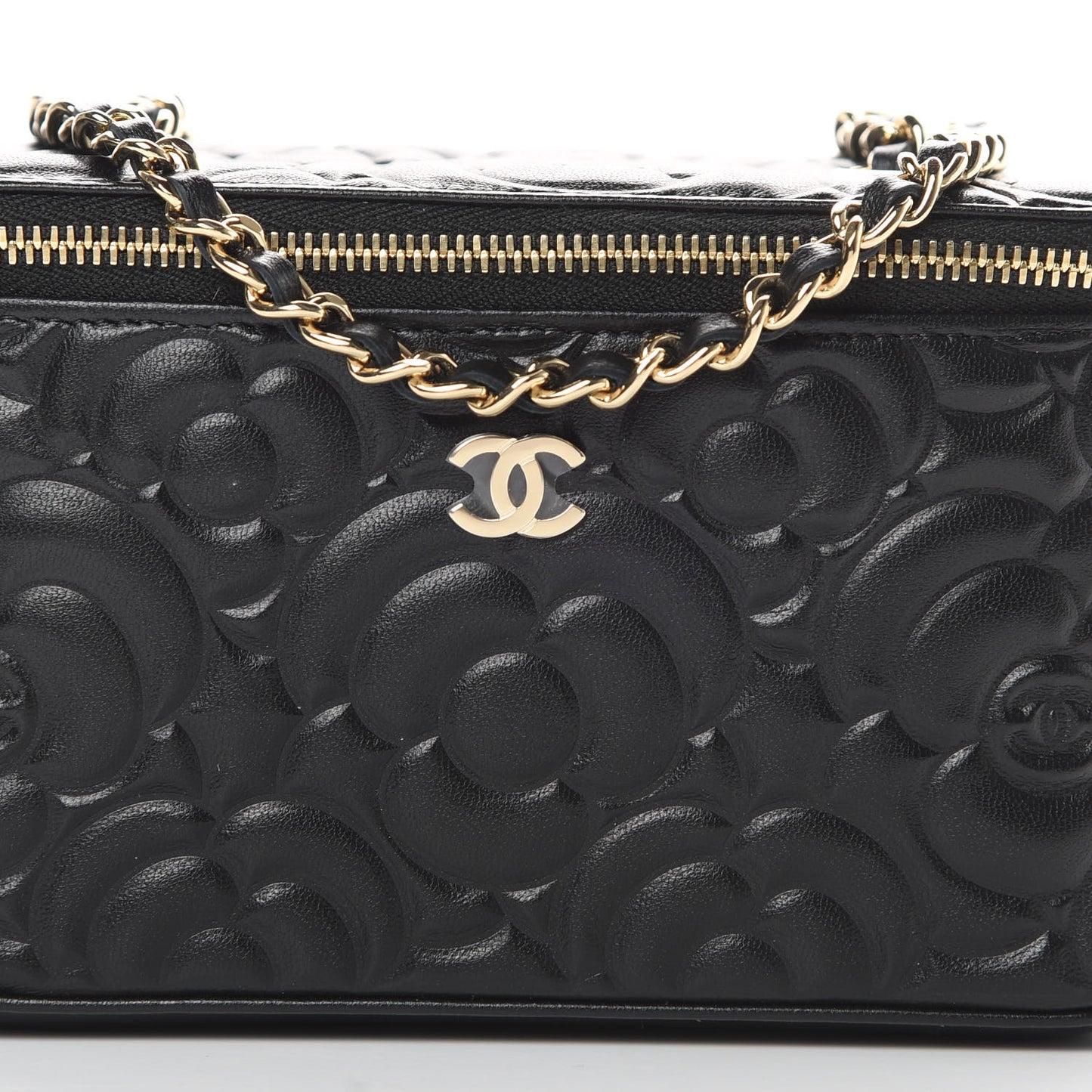 Lambskin Camellia Embossed Small Vanity Case With Chain Black