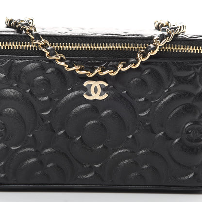 Chanel Lambskin Camellia Embossed Small Vanity Case With Chain Black 8 of 11