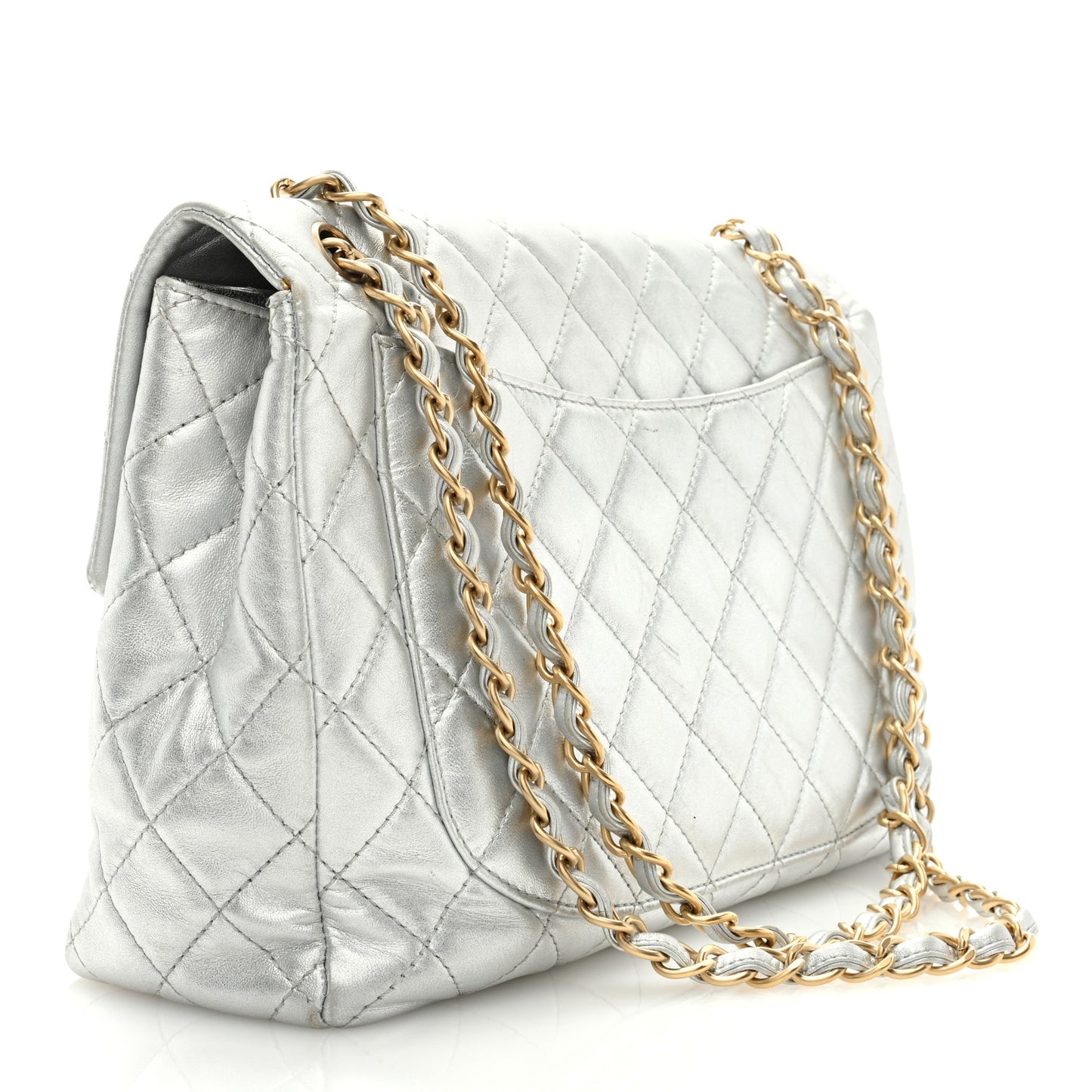 Metallic Lambskin Quilted Maxi Single Flap Silver
