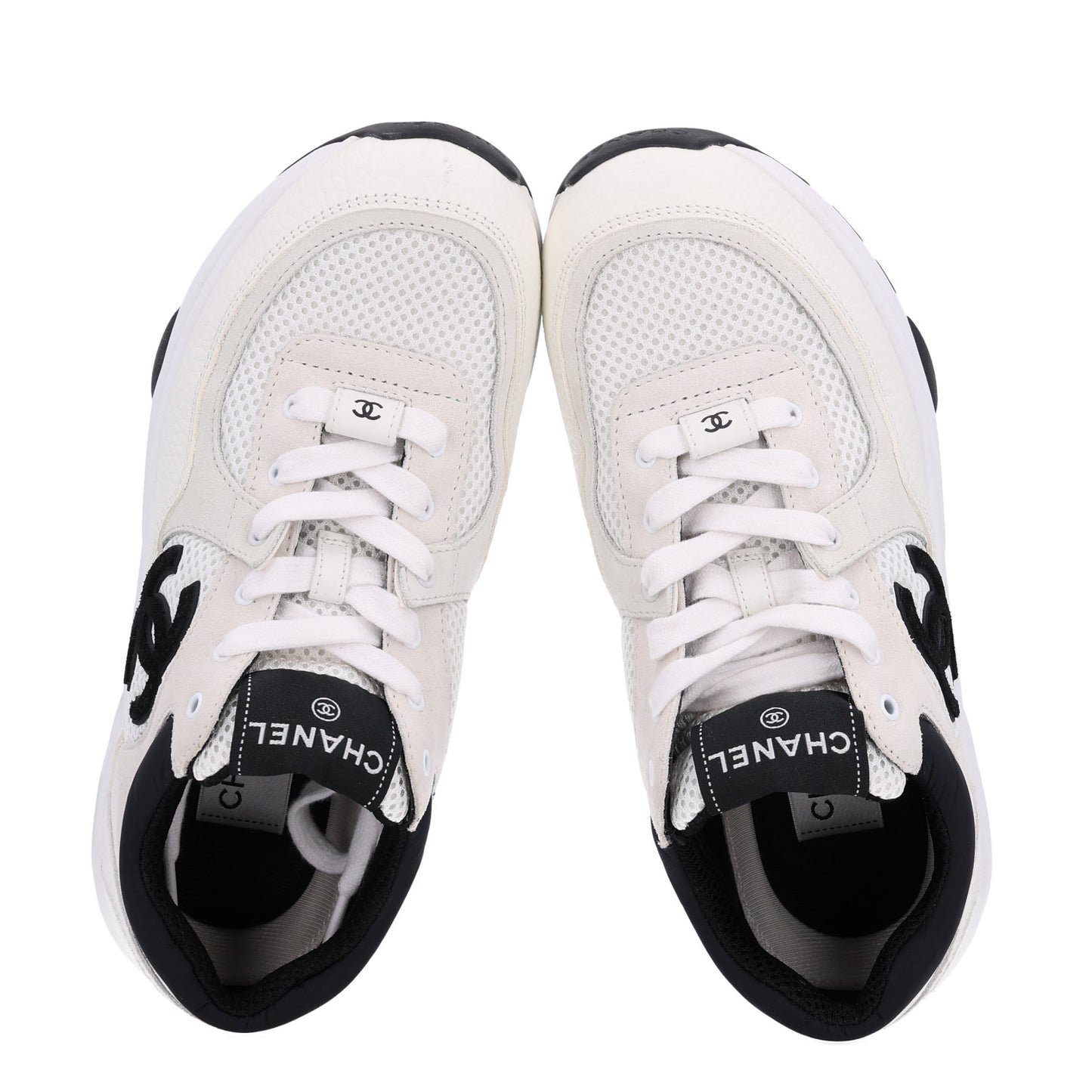 Mesh Suede Calfskin Grained Calfskin Womens CC Sneakers 38 White Black