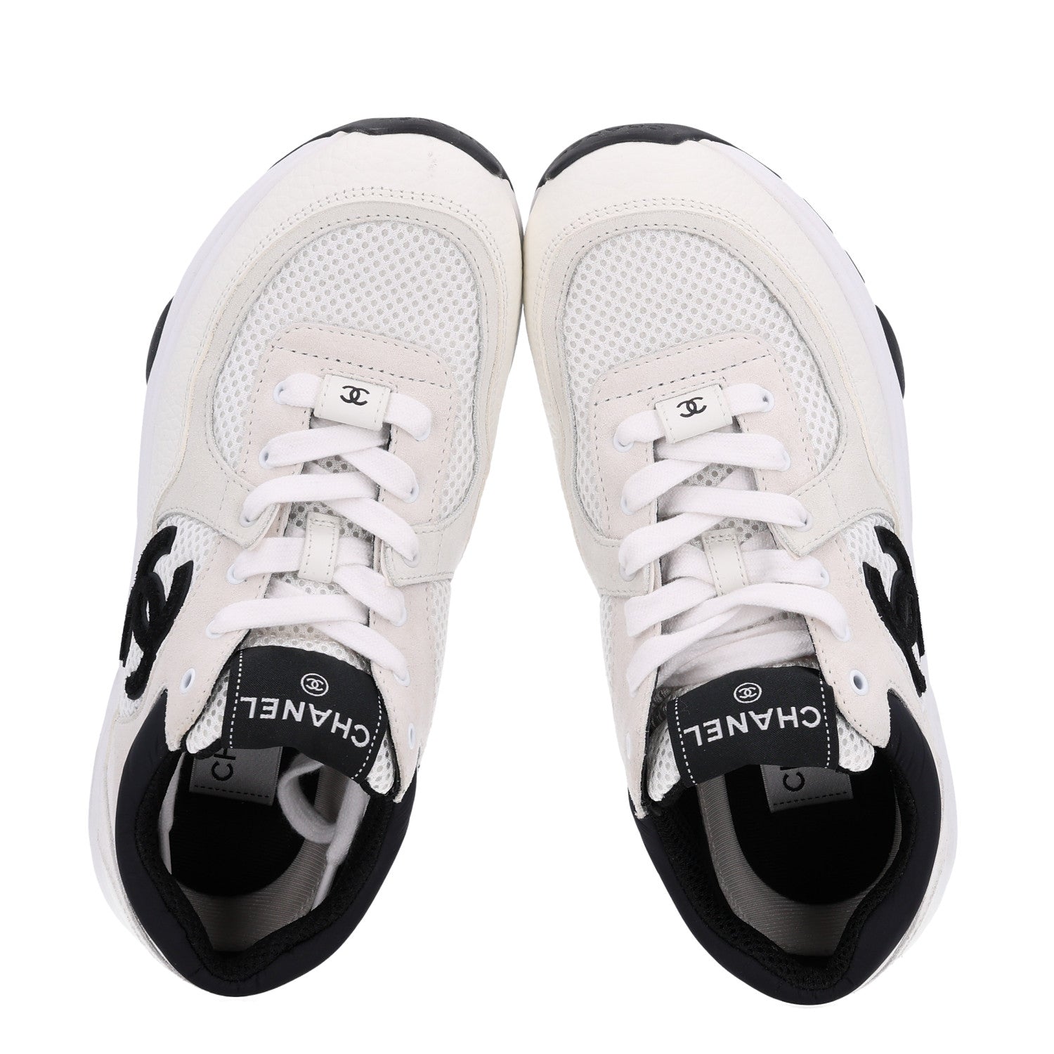 Chanel Mesh Suede Calfskin Grained Calfskin Womens CC Sneakers 38 White Black 2 of 10
