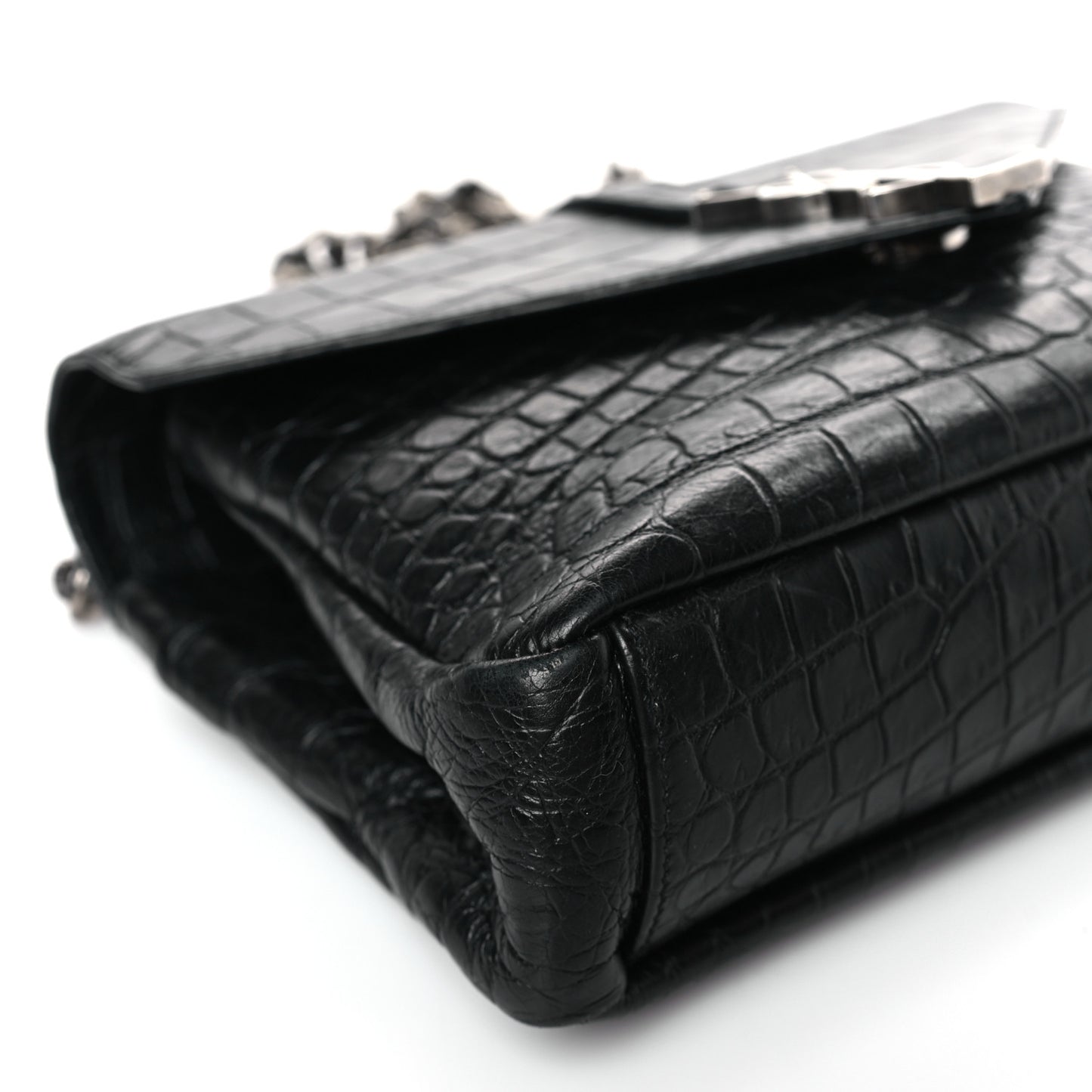 Calfskin Crocodile Embossed College Monogram Satchel Black