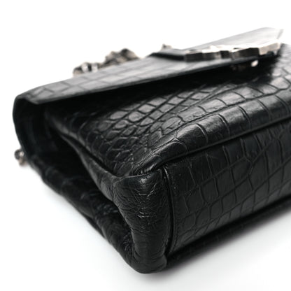 Saint Laurent Calfskin Crocodile Embossed College Monogram Satchel Black 7 of 8