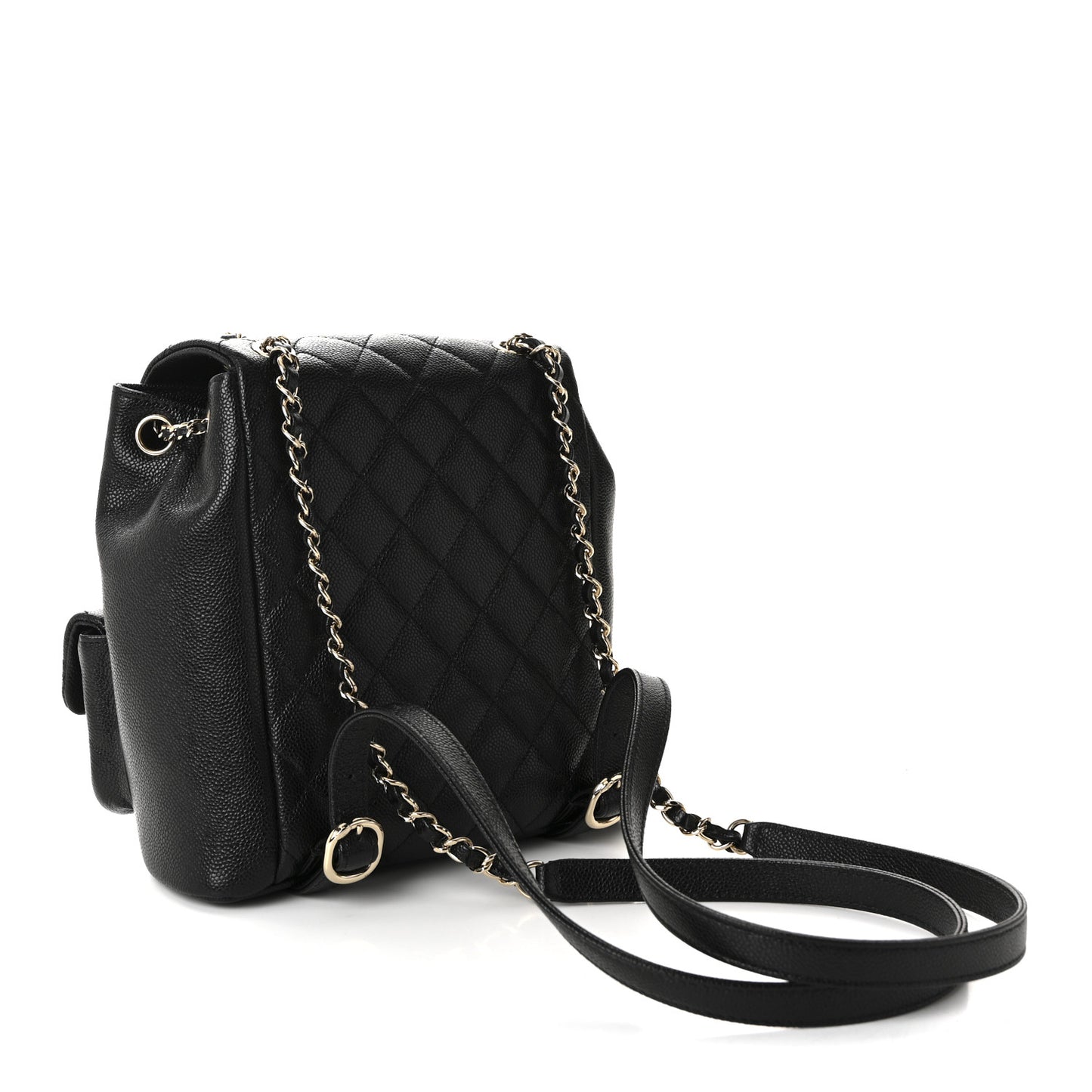 Shiny Caviar Quilted Medium Duma Pockets Drawstring Backpack Black