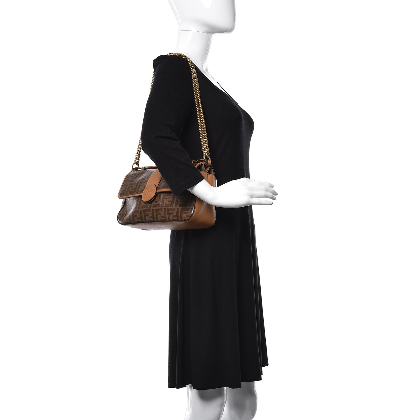 Vitello Grace Glazed Fabric FF 1974 Double F Shoulder Bag Caramello Mogano Panna