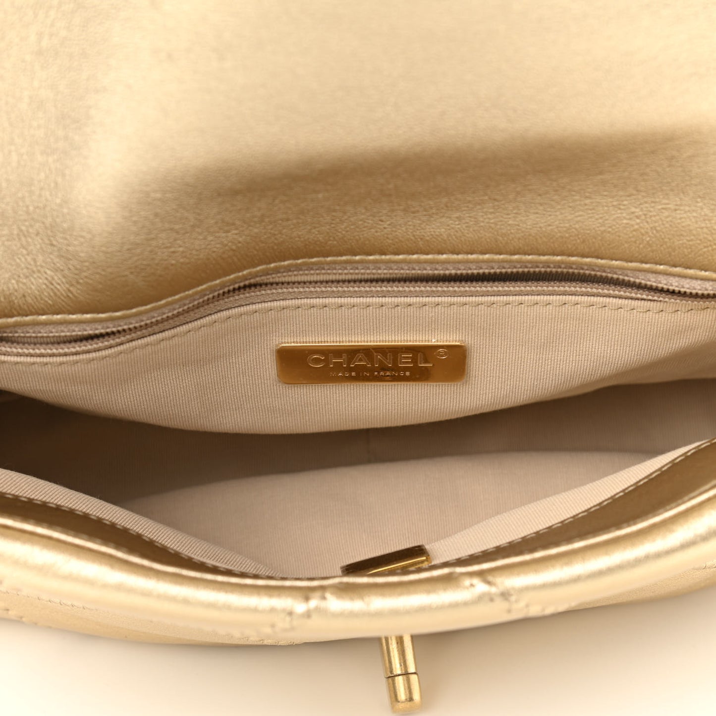 Metallic Goatskin Quilted Medium Chanel 19 Flap Gold