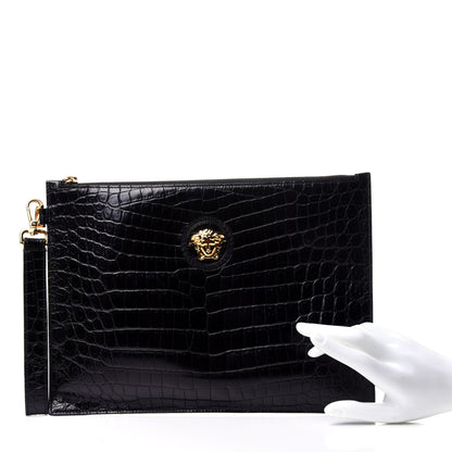 Versace Crocodile Embossed Calfskin Medusa Wristlet Black 2 of 11