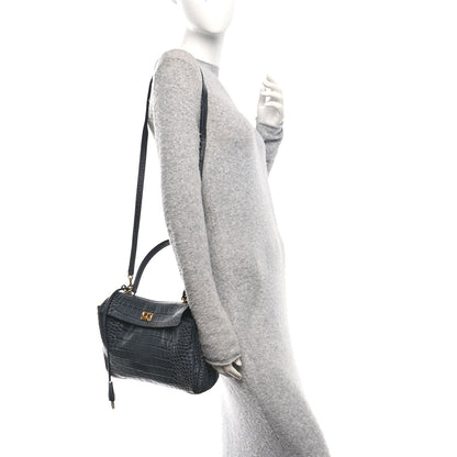 Balenciaga Shiny Calfskin Crocodile Embossed Small Rodeo Top Handle Handbag Grey 2 of 12