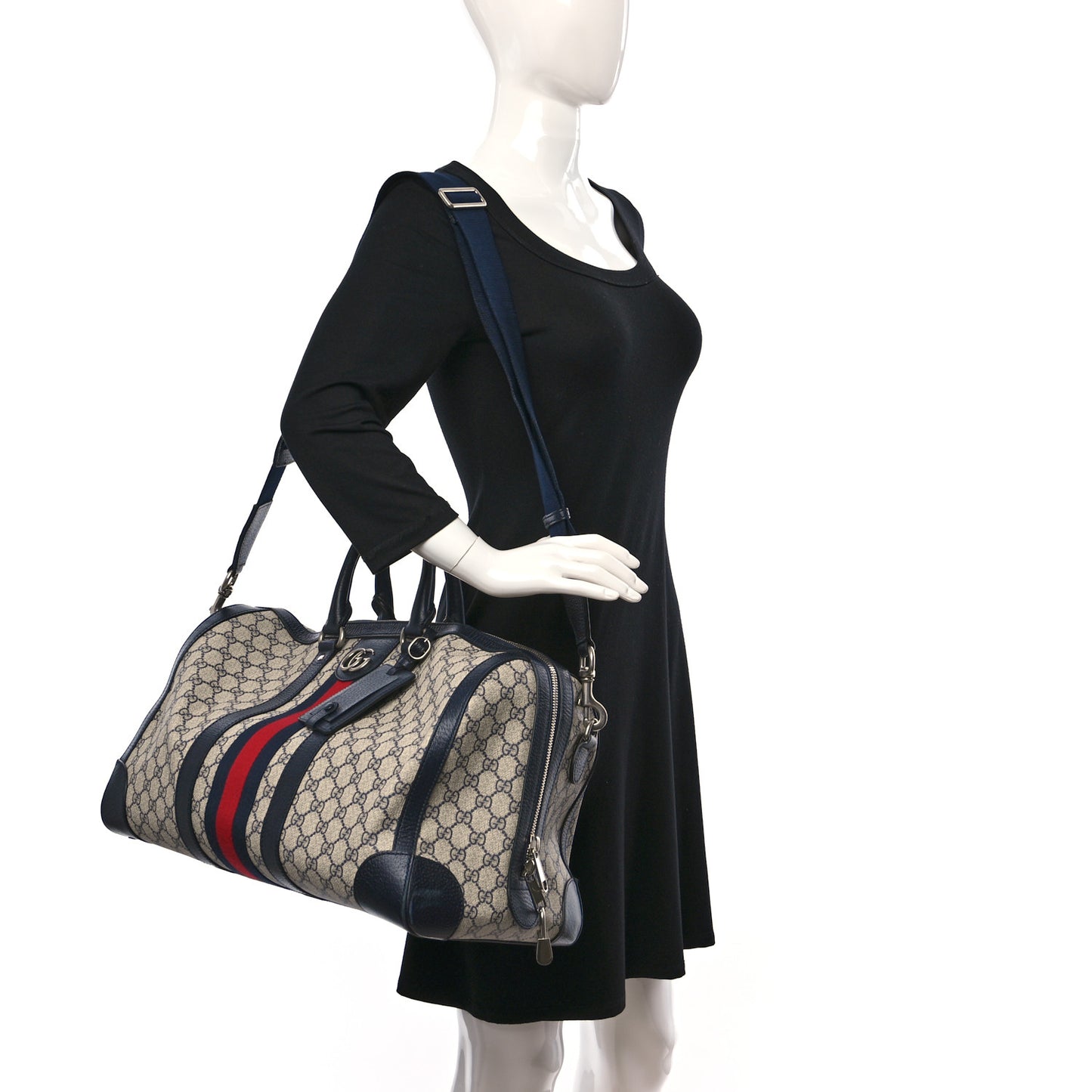 GG Supreme Monogram Textured Dollar Calfskin Web Medium Ophidia Duffle Bag Beige Blue