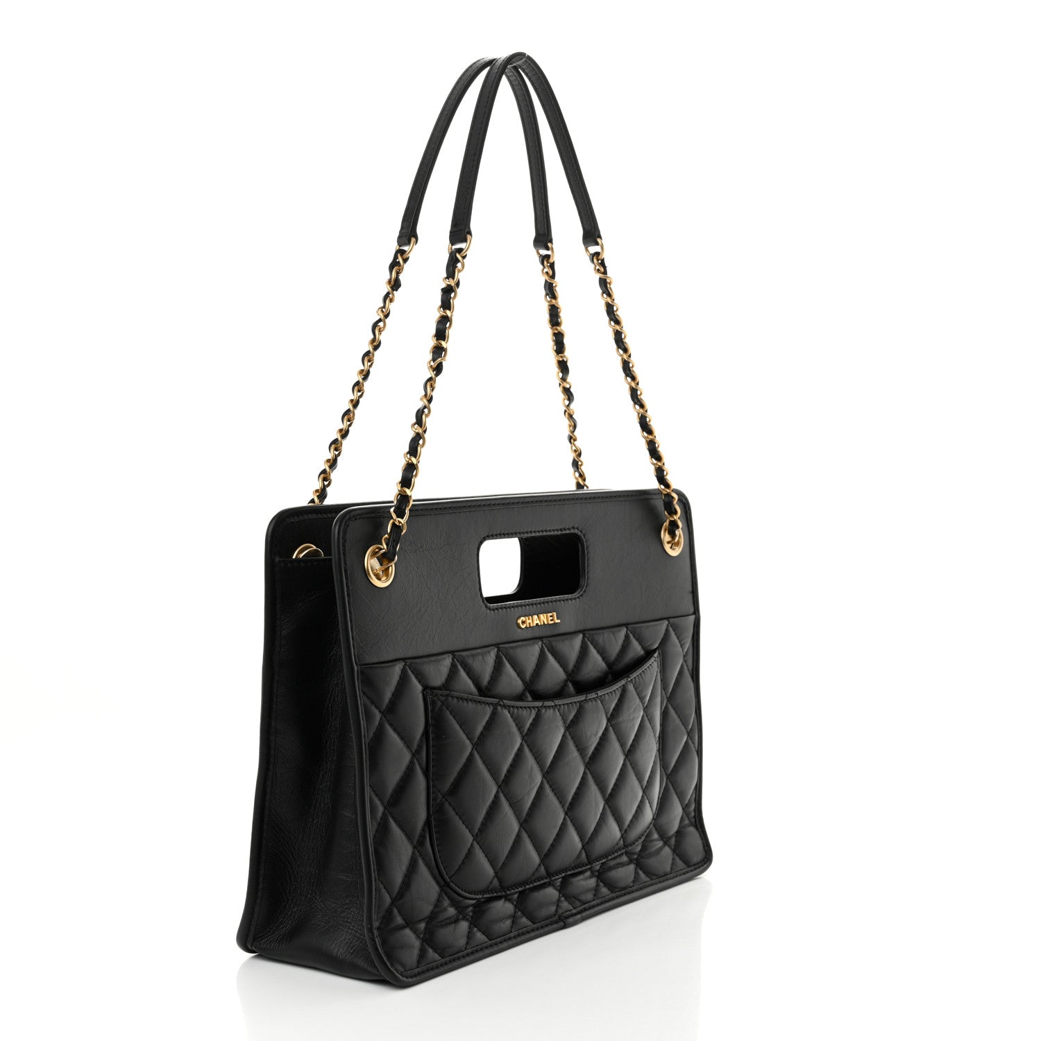 Chanel Aged Calfskin Quilted Graphic Catch Shopping Bag Black 3 of 11