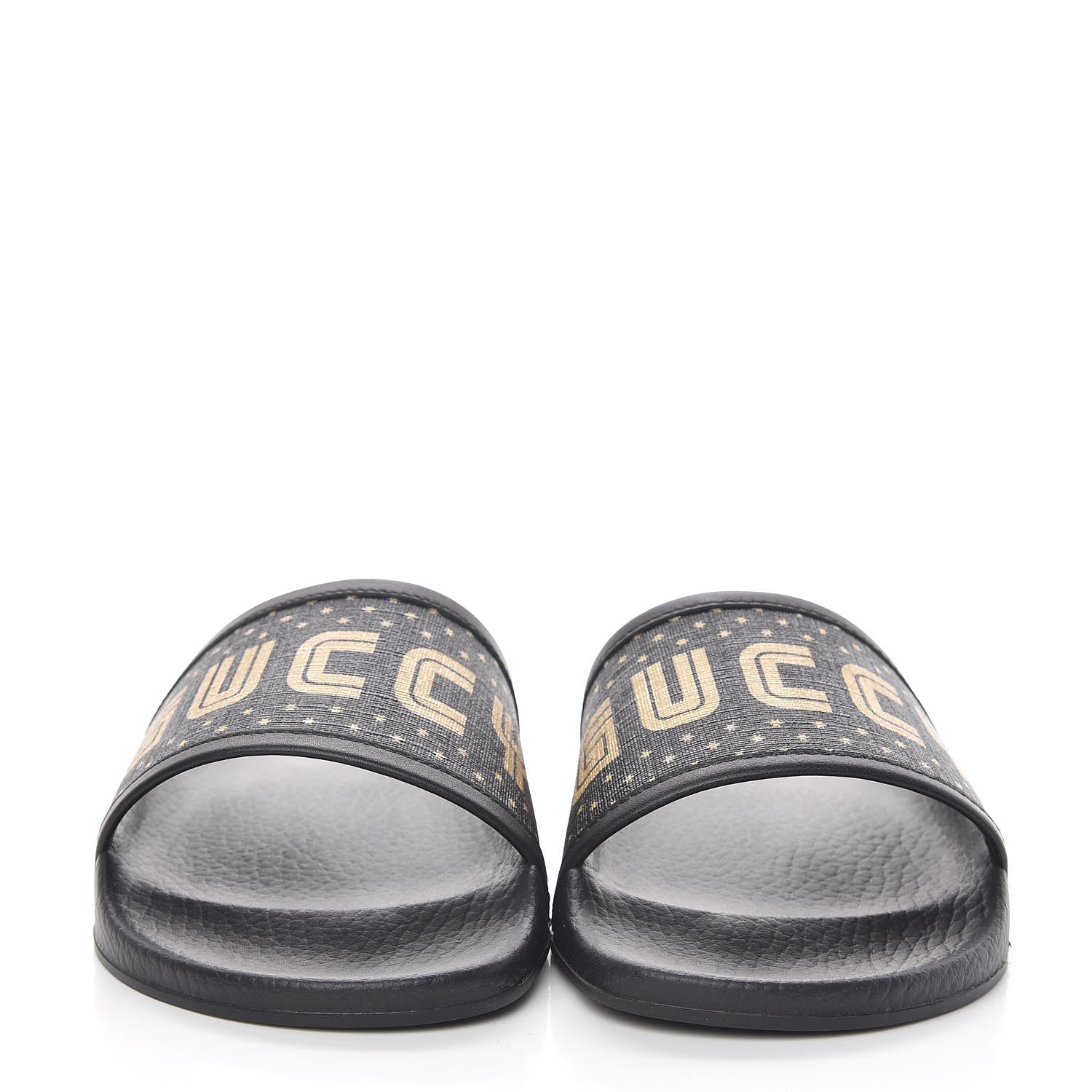 Gucci X SEGA Supreme Canvas GUCCY Stars Womens Slide Sandals 37 Black Gold 2 of 10