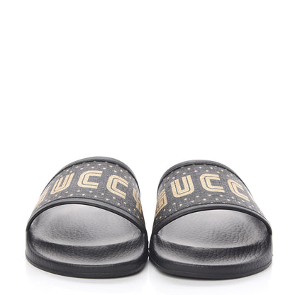 Gucci X SEGA Supreme Canvas GUCCY Stars Womens Slide Sandals 37 Black Gold 2 of 10