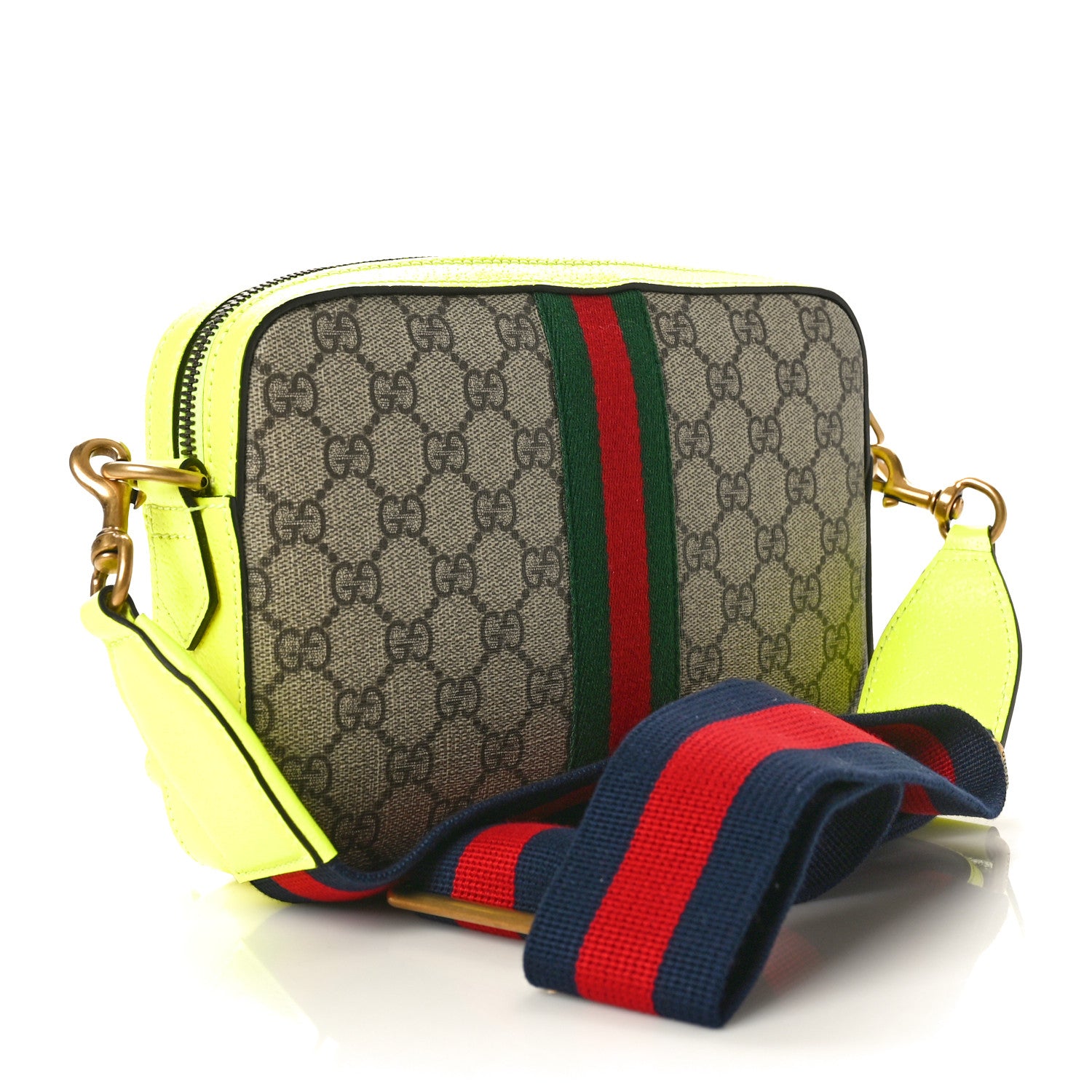 Gucci GG Supreme Monogram Textured Dollar Calfskin Web Ophidia Wristlet Shoulder Bag Beige Ebony Fluo Yellow 3 of 10