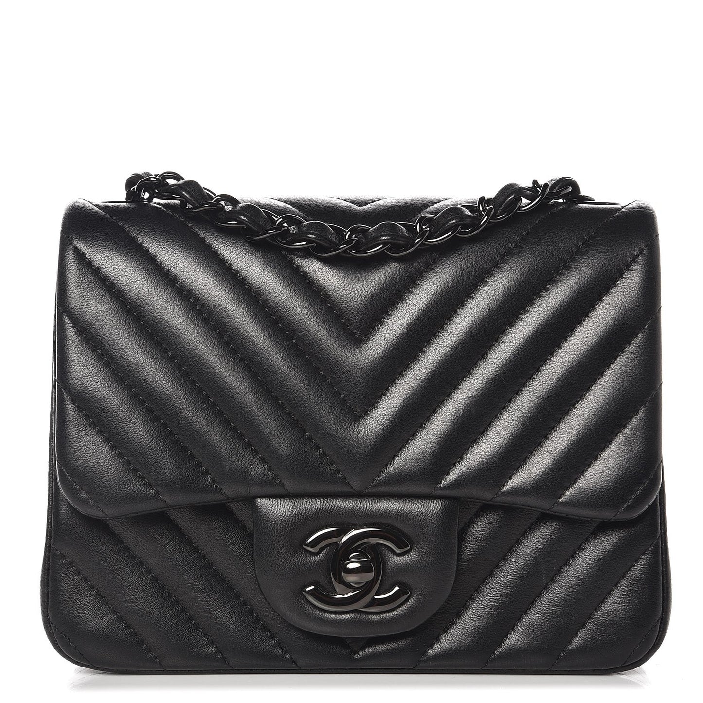 Lambskin Chevron Quilted Mini Square Flap So Black