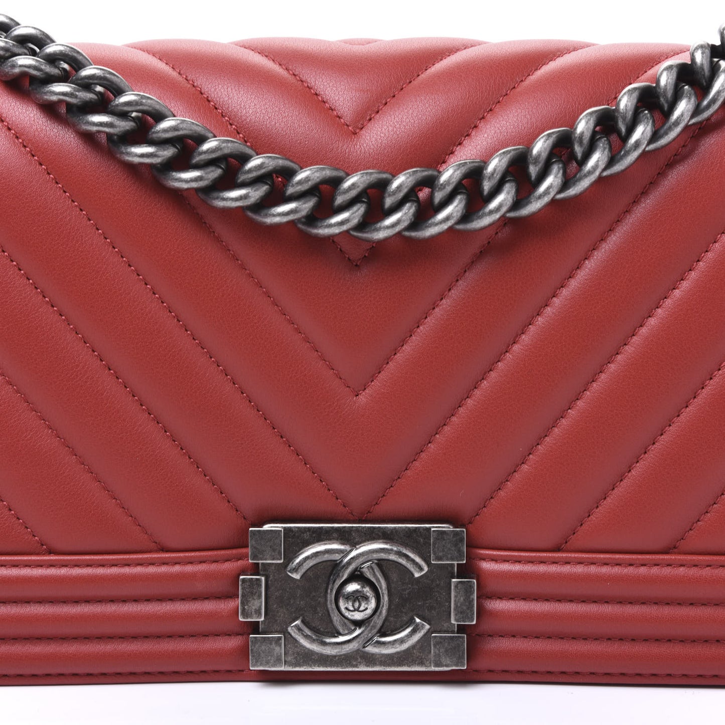 Calfskin Chevron Quilted Medium Boy Flap Dark Red