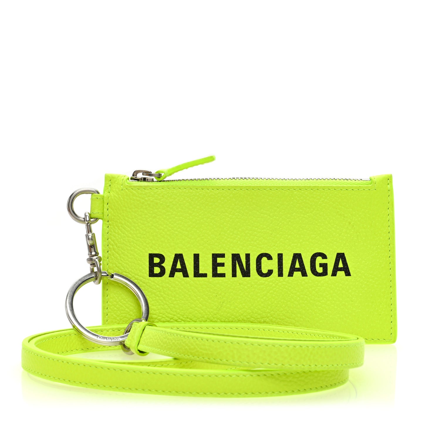 Grained Calfskin Logo Cash Coin Card Holder On Keychain Fluo Yellow Black
