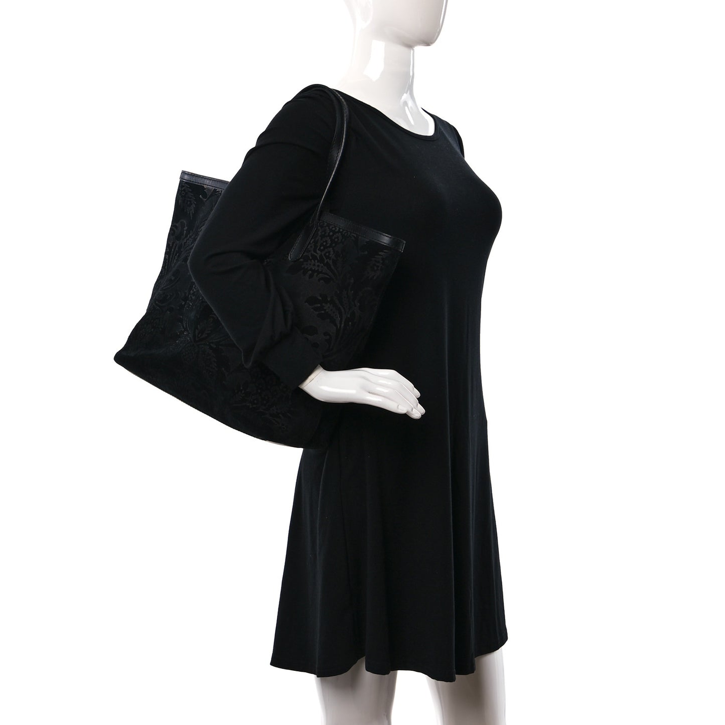 Nubuck Brocade Medium Soft Stirrup Tote Black