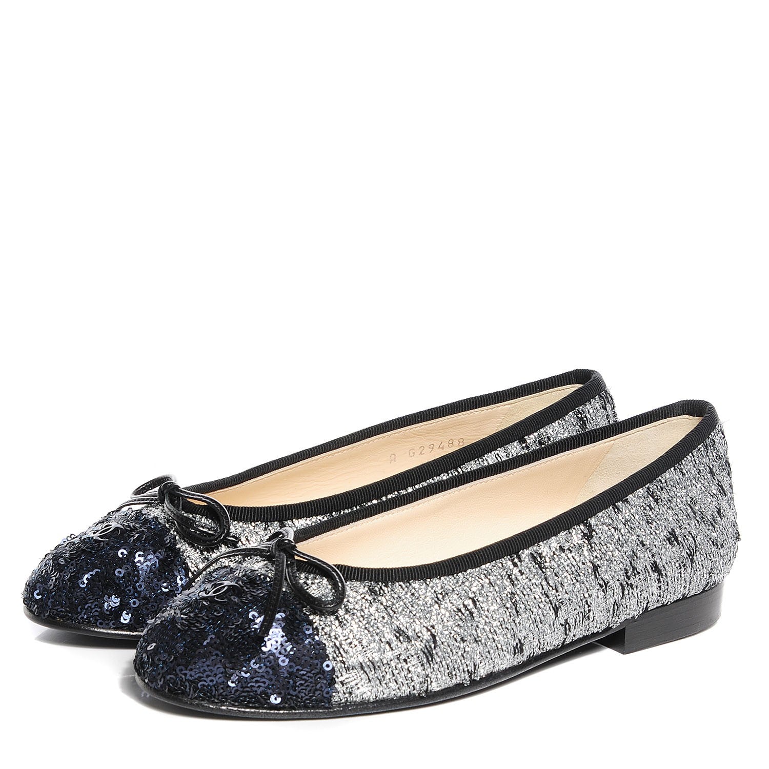 Chanel Tweed Sequin Cap Toe Ballerina Flats 35 Black Blue 3 of 7