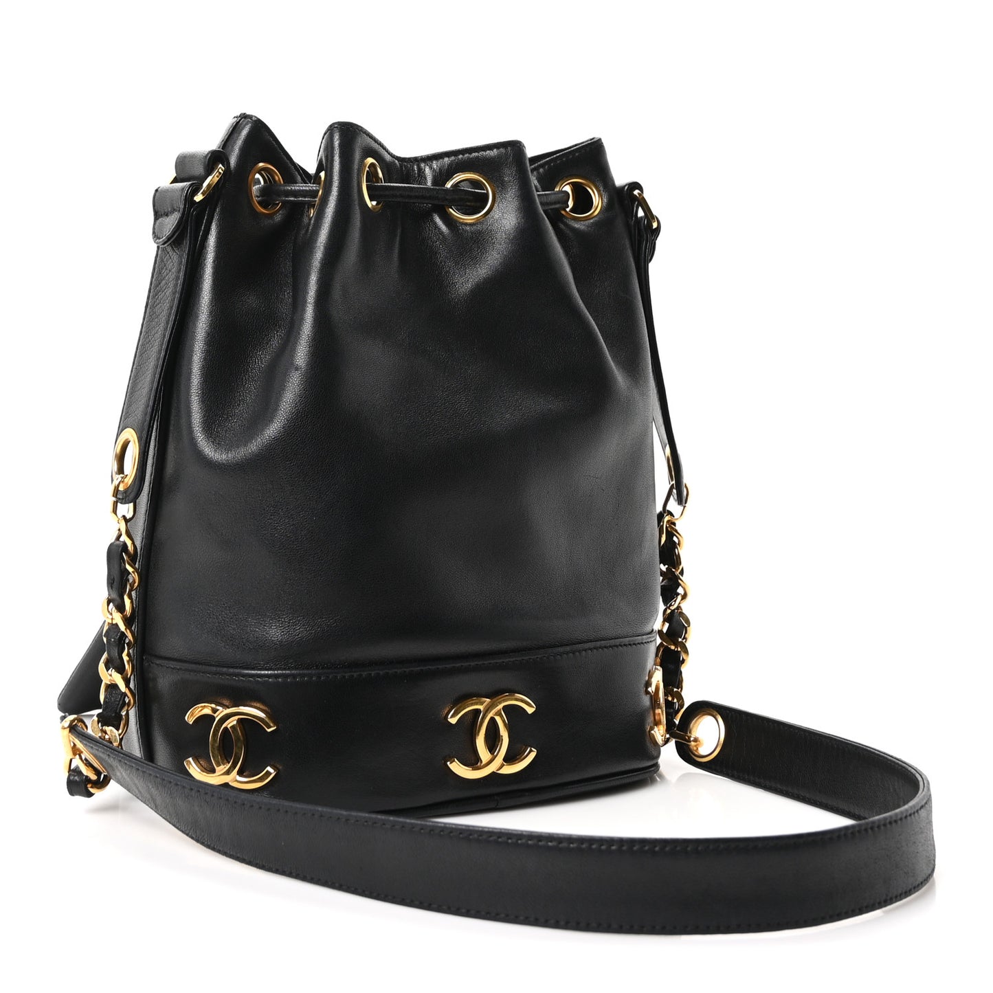 Lambskin CC Drawstring Shoulder Bag Black