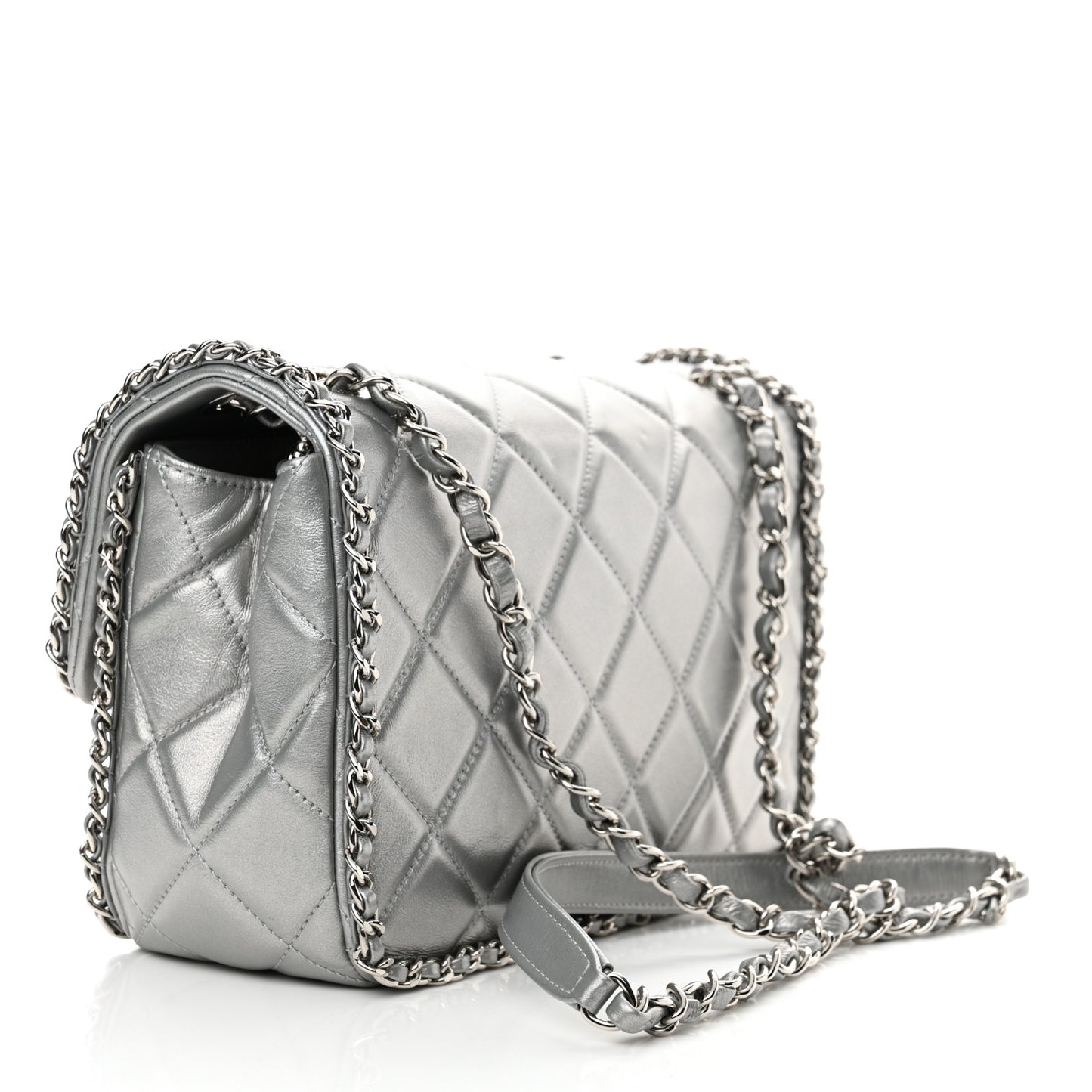 Metallic Lambskin Medium Chain All Over Flap Silver