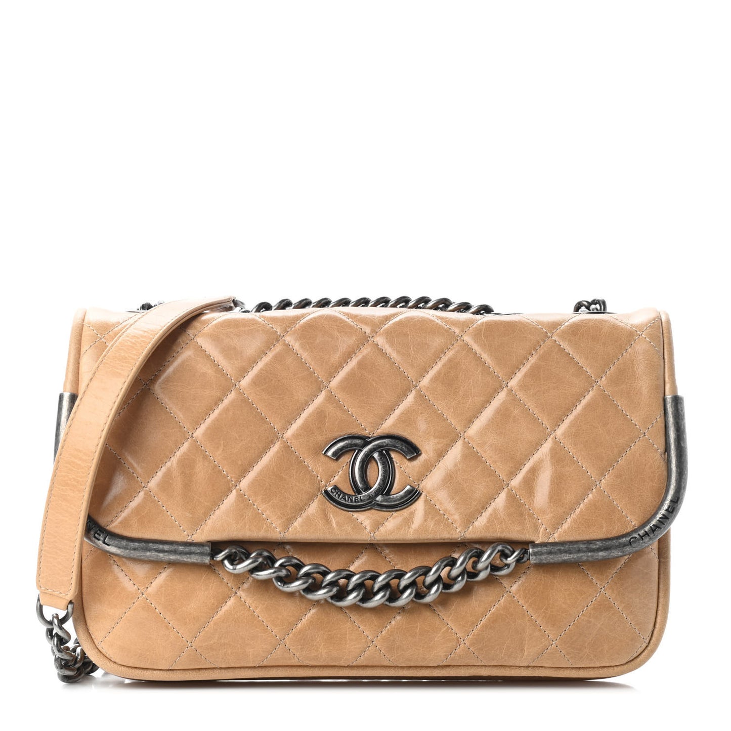 Glazed Calfskin Quilted Flap Beige
