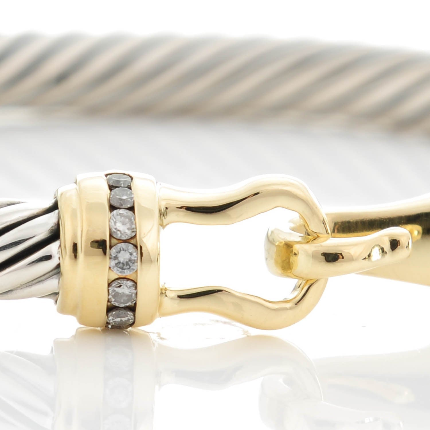 David Yurman Sterling Silver 18K Yellow Gold Pave Diamond 5mm Cable Buckle Bracelet 5 of 6