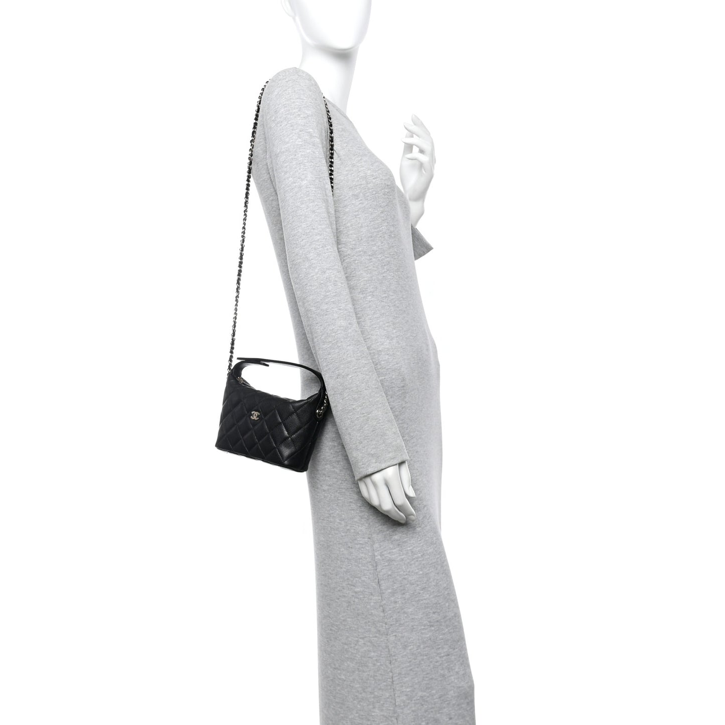 Caviar Quilted Hobo Clutch With Chain Black