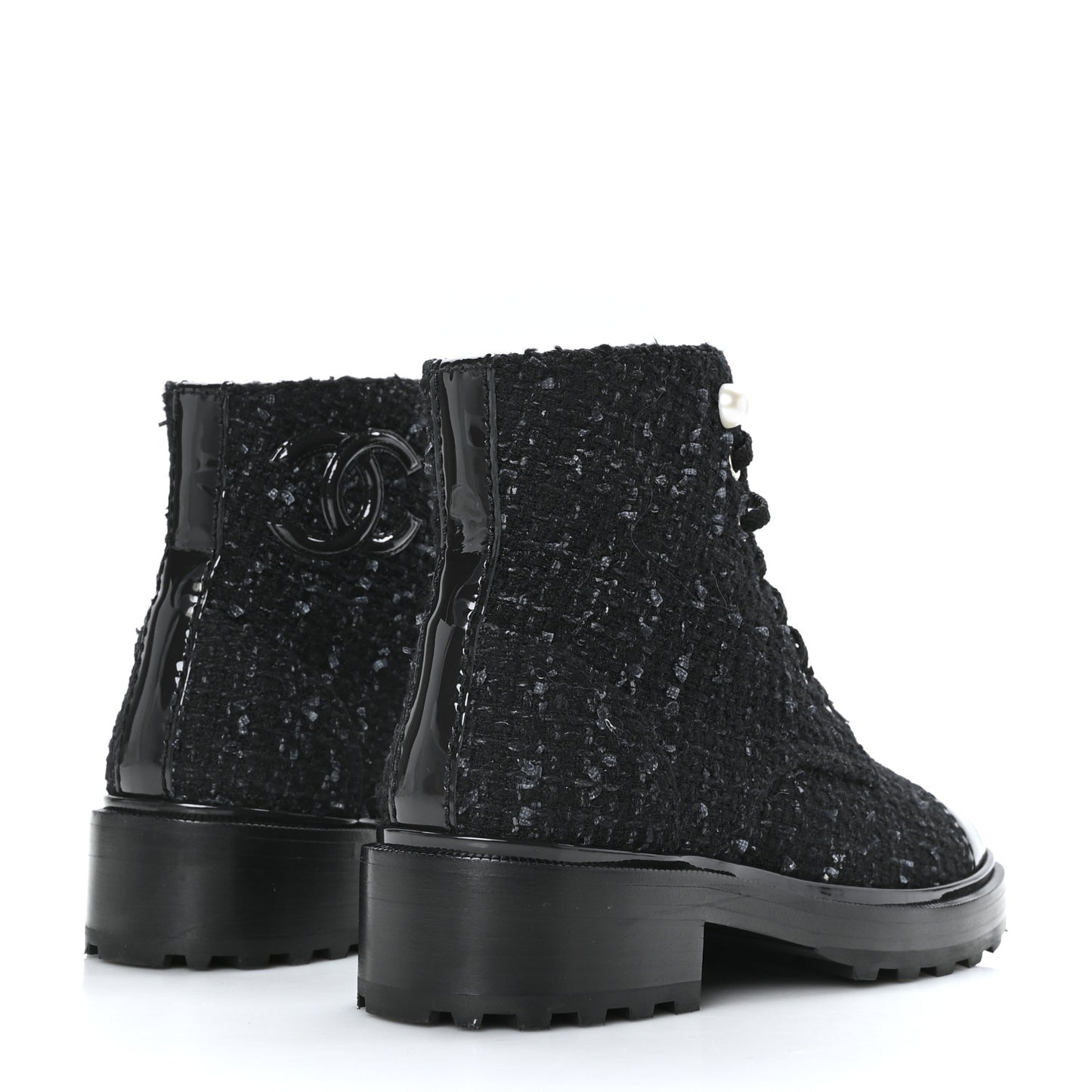 Tweed Patent Calfskin Pearl Combat Short Boots 36.5 Black Grey