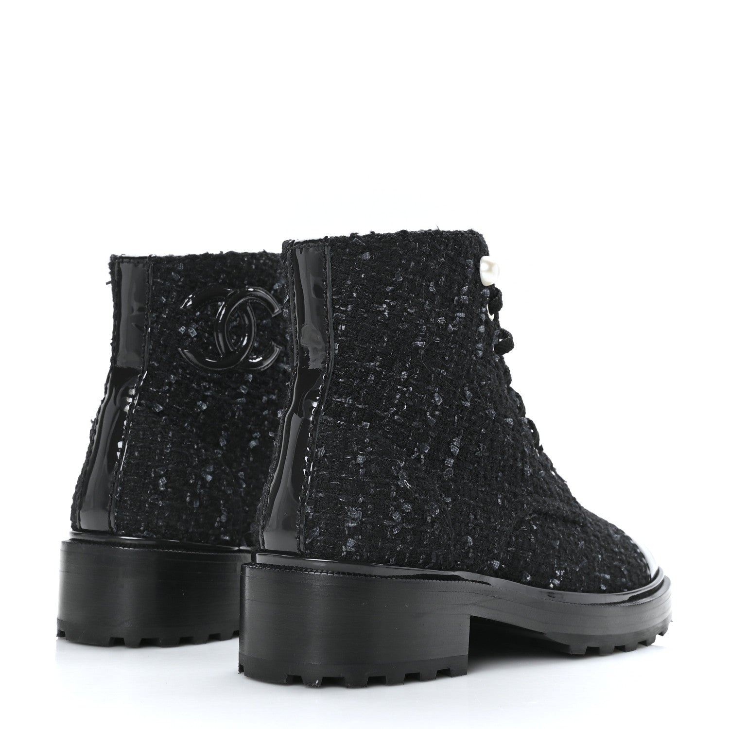 Chanel Tweed Patent Calfskin Pearl Combat Short Boots 36.5 Black Grey 4 of 7