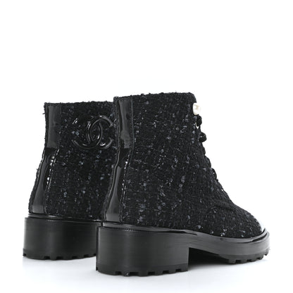 Chanel Tweed Patent Calfskin Pearl Combat Short Boots 36.5 Black Grey 4 of 7