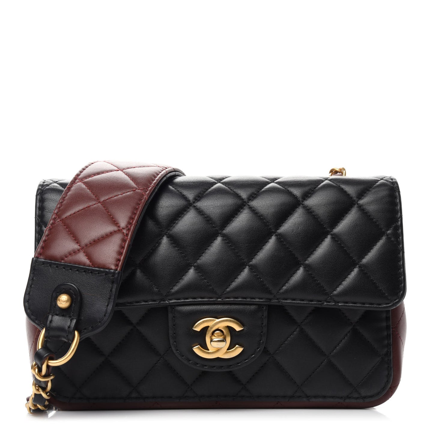 Calfskin Quilted Small Strap Into Flap Black Burgundy