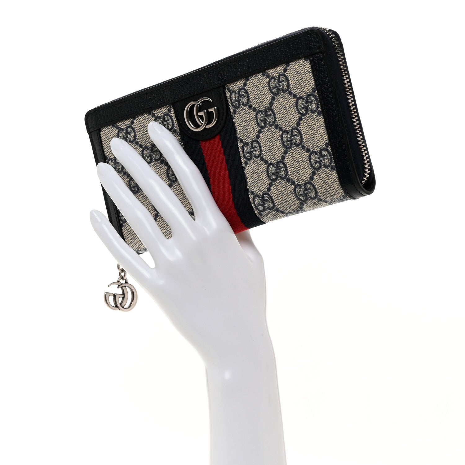 Gucci GG Supreme Monogram Textured Dollar Calfskin Web Ophidia Zip Around Wallet Beige Blue 2 of 8