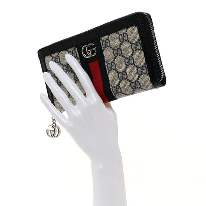 Gucci GG Supreme Monogram Textured Dollar Calfskin Web Ophidia Zip Around Wallet Beige Blue 2 of 8