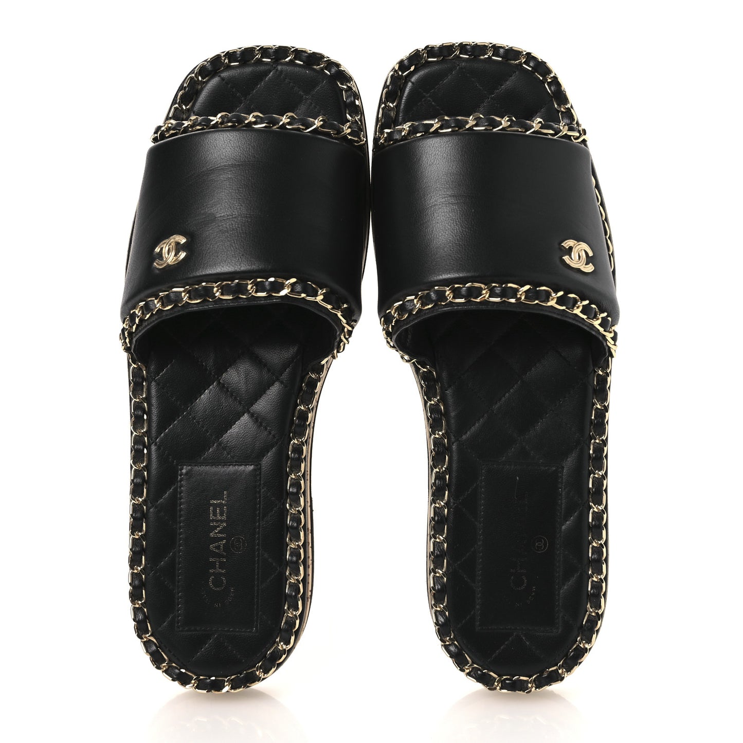 Lambskin Chain Cork Slide Sandals 38 Black