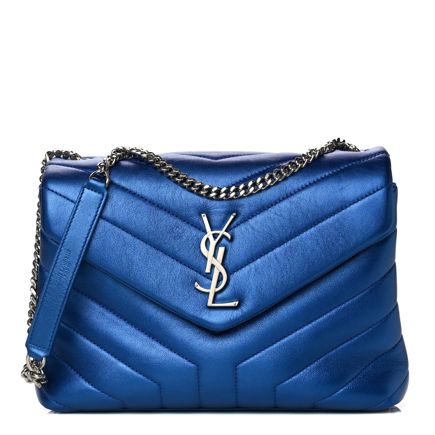 Saint Laurent Metallic Calfskin Y Quilted Monogram Small Loulou Chain Satchel Blue Royal 1 of 18