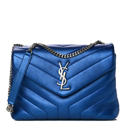 Saint Laurent Metallic Calfskin Y Quilted Monogram Small Loulou Chain Satchel Blue Royal 1 of 18